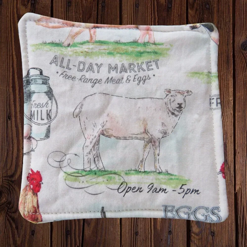 Fabric Coasters, Set Of 4, Farm Animal Reversible Country Floral Mug Rugs